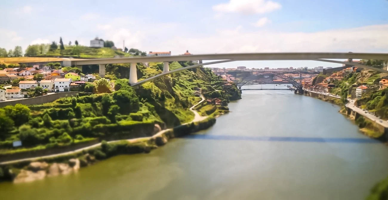 Bridges spanning the Douro River gorge, seen from the train arriving into Porto