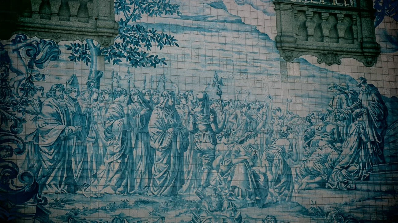 Close-up of an azulejo tile mural depicting a historical religious procession