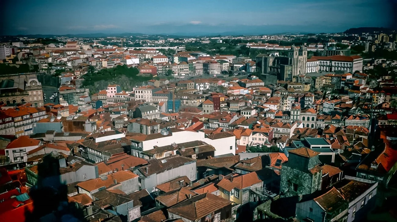 Panoramic view of Porto’s red rooftops from the top of the Clérigos Tower