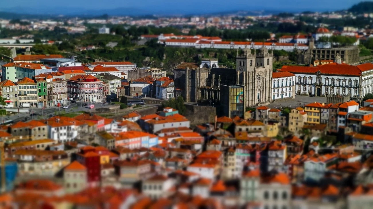 The Porto Cathedral rising above the rooftops, with tilt-shift from the tower