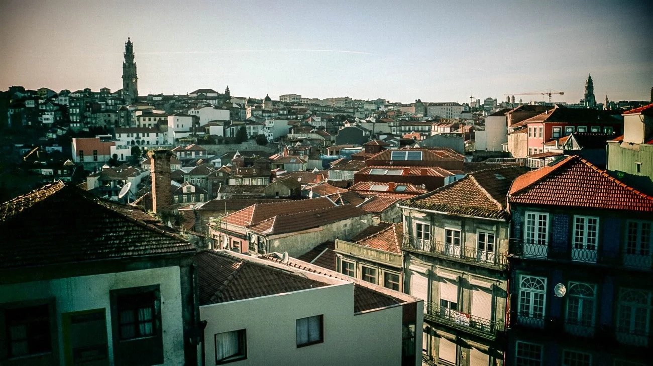 Porto’s skyline at dusk with the Clérigos Tower in the distance