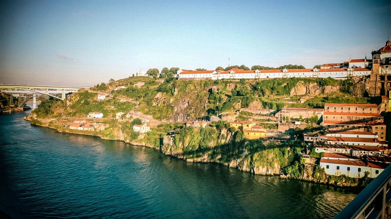 The rocky Douro River gorge with a bridge in the distance