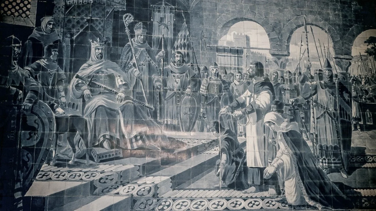 Azulejo tile mural of a medieval royal court scene inside São Bento station