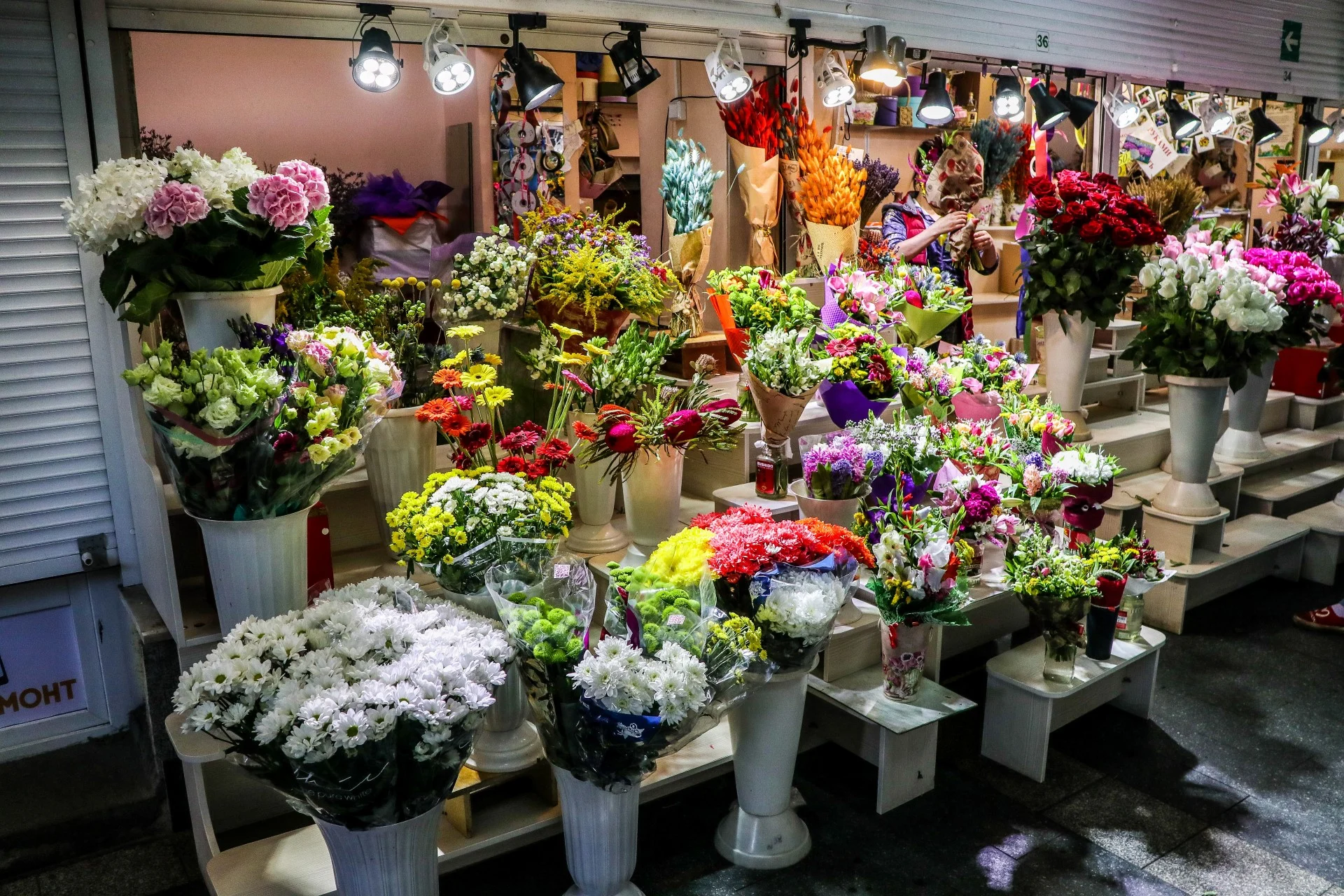 An indoor flower market in the central district