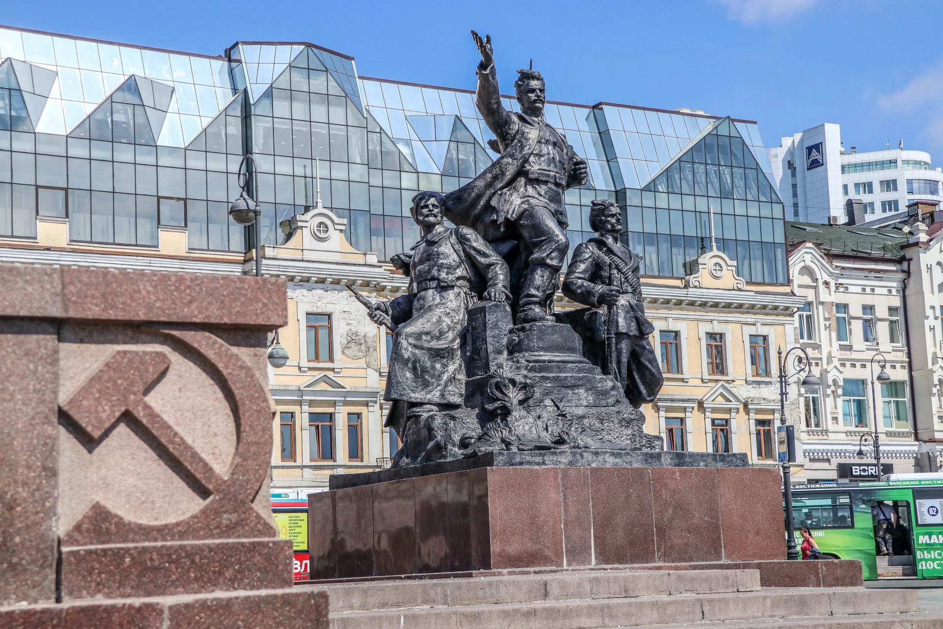 Another side group of the Bolshevik monument, soldier with raised arm hailing the Soviet victory