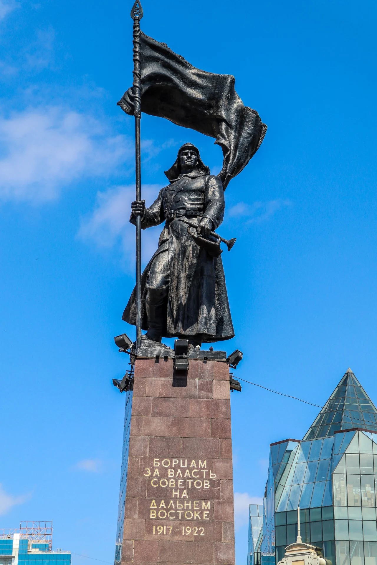 Central figure of the Bolshevik monument, a Red Army soldier holding a flag