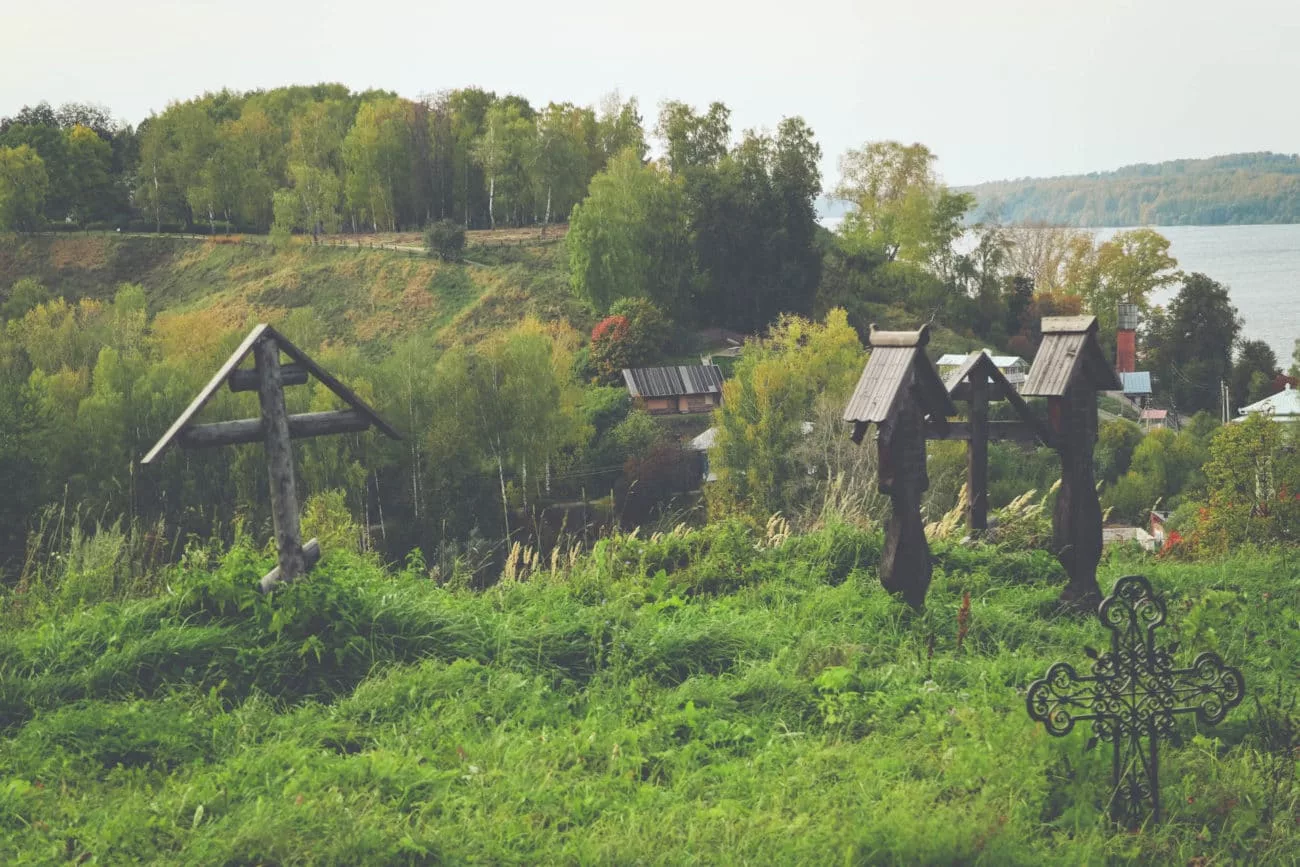Graves from the hill of Levitan, overlooking the town below, Plyos, Russia