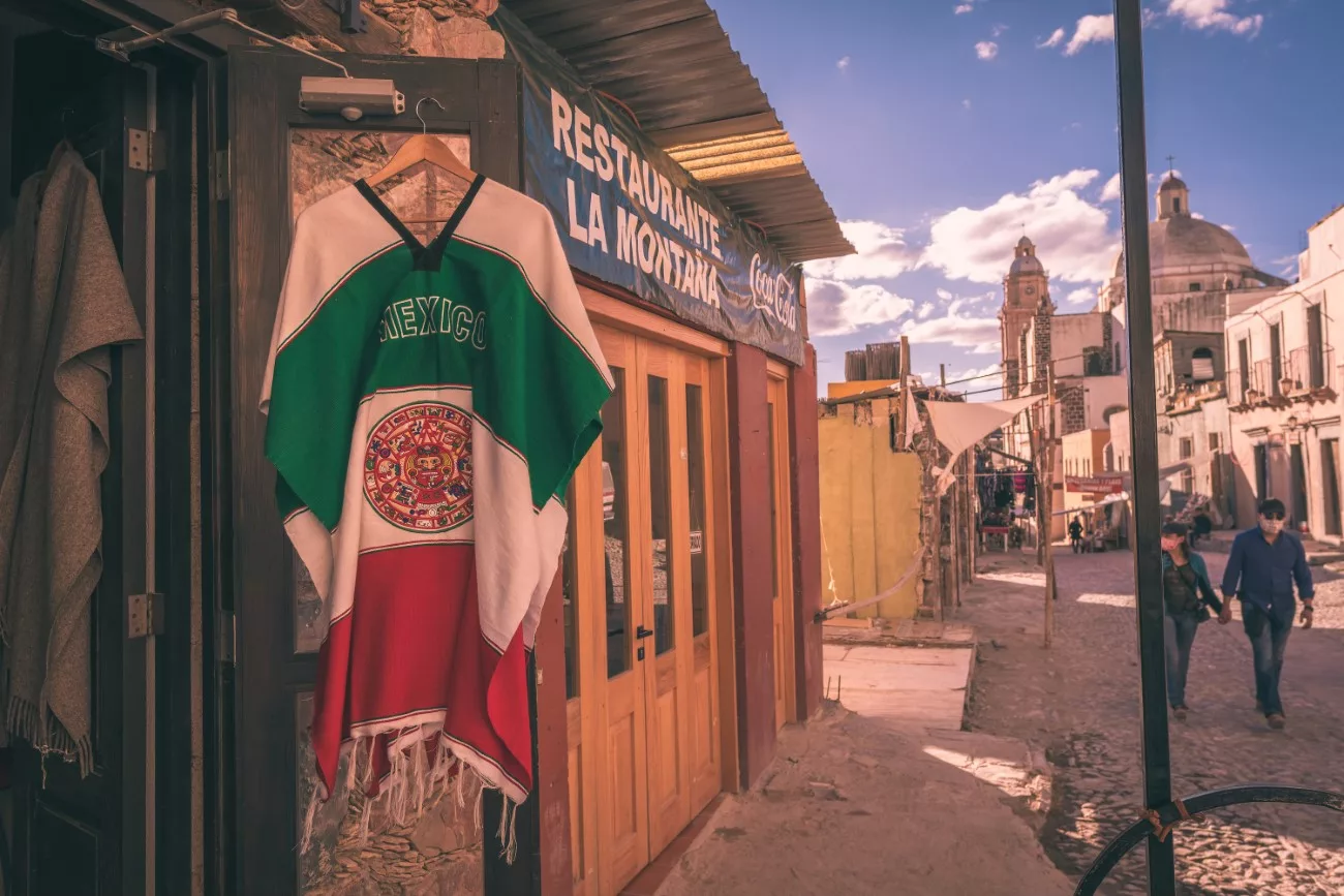The Mexican Flag colours, and the Real de Catorce church on the right