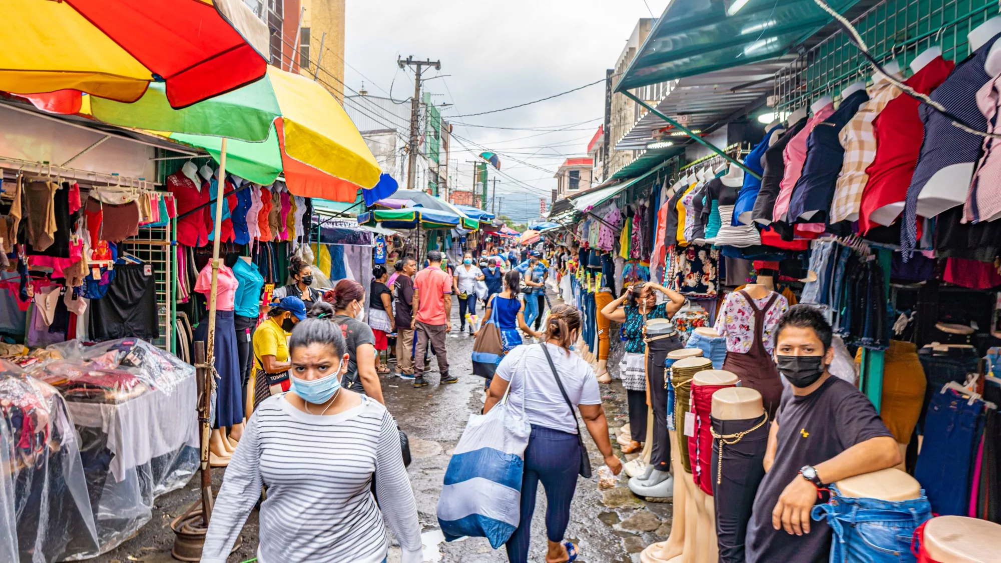 In the clothing area of the market district