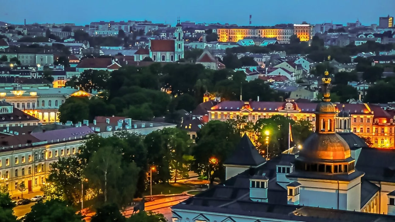 Evening view from Gediminas Tower, domes and facades lit up below