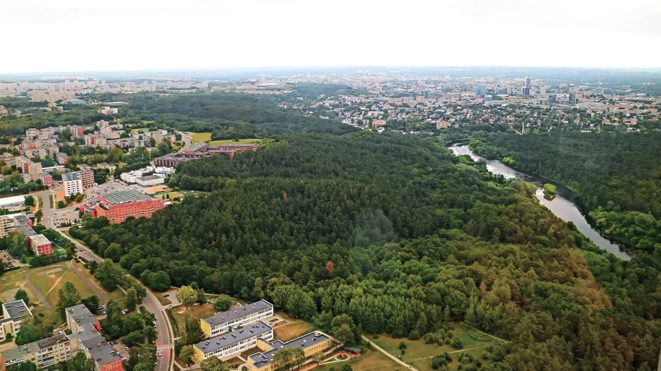 Forests, the Neris River, and the city skyline from 326 meters up