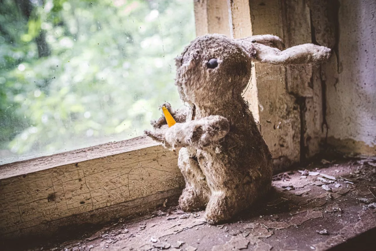 Ein Spielzeughase blickt aus dem Fenster und hofft auf einen besseren Tag