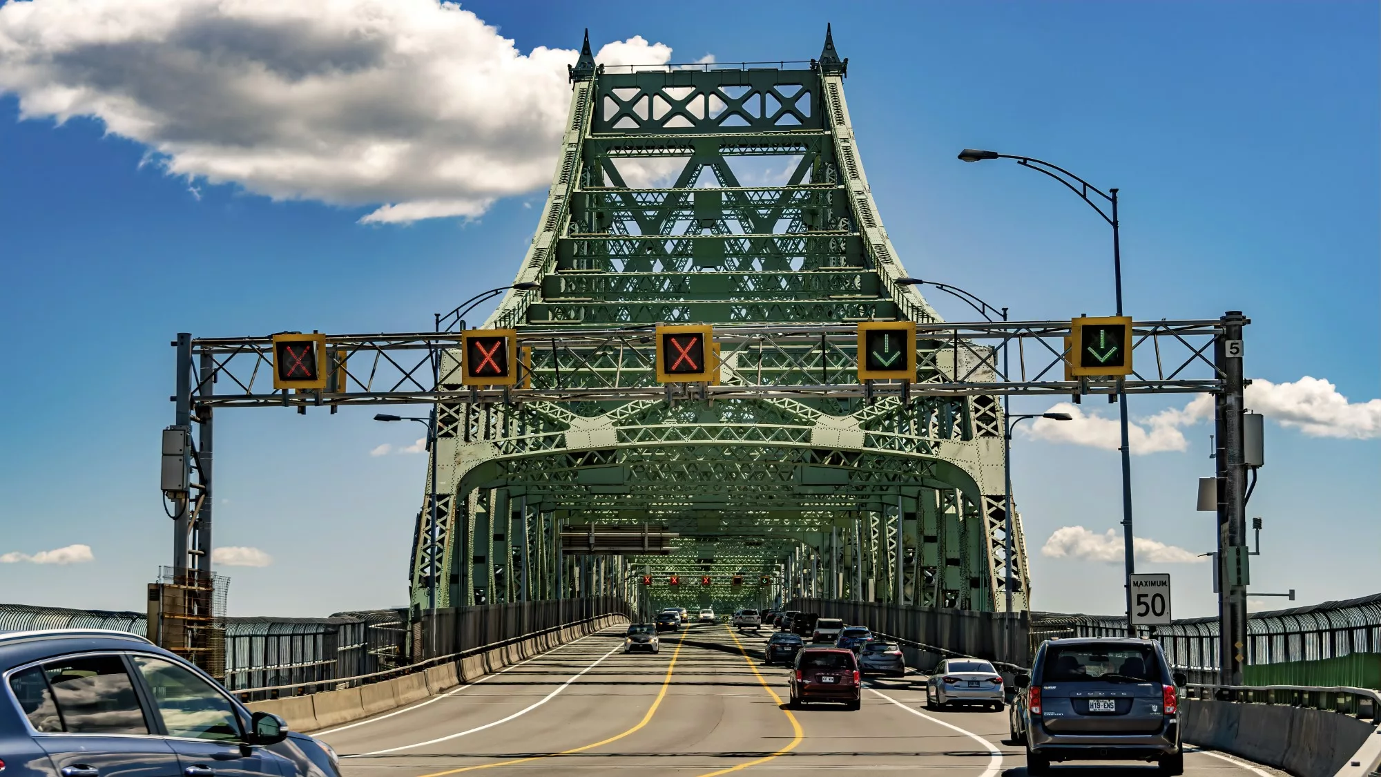 Riding onto the Jacques Cartier Bridge, Pont Jacques-Cartier in Montreal